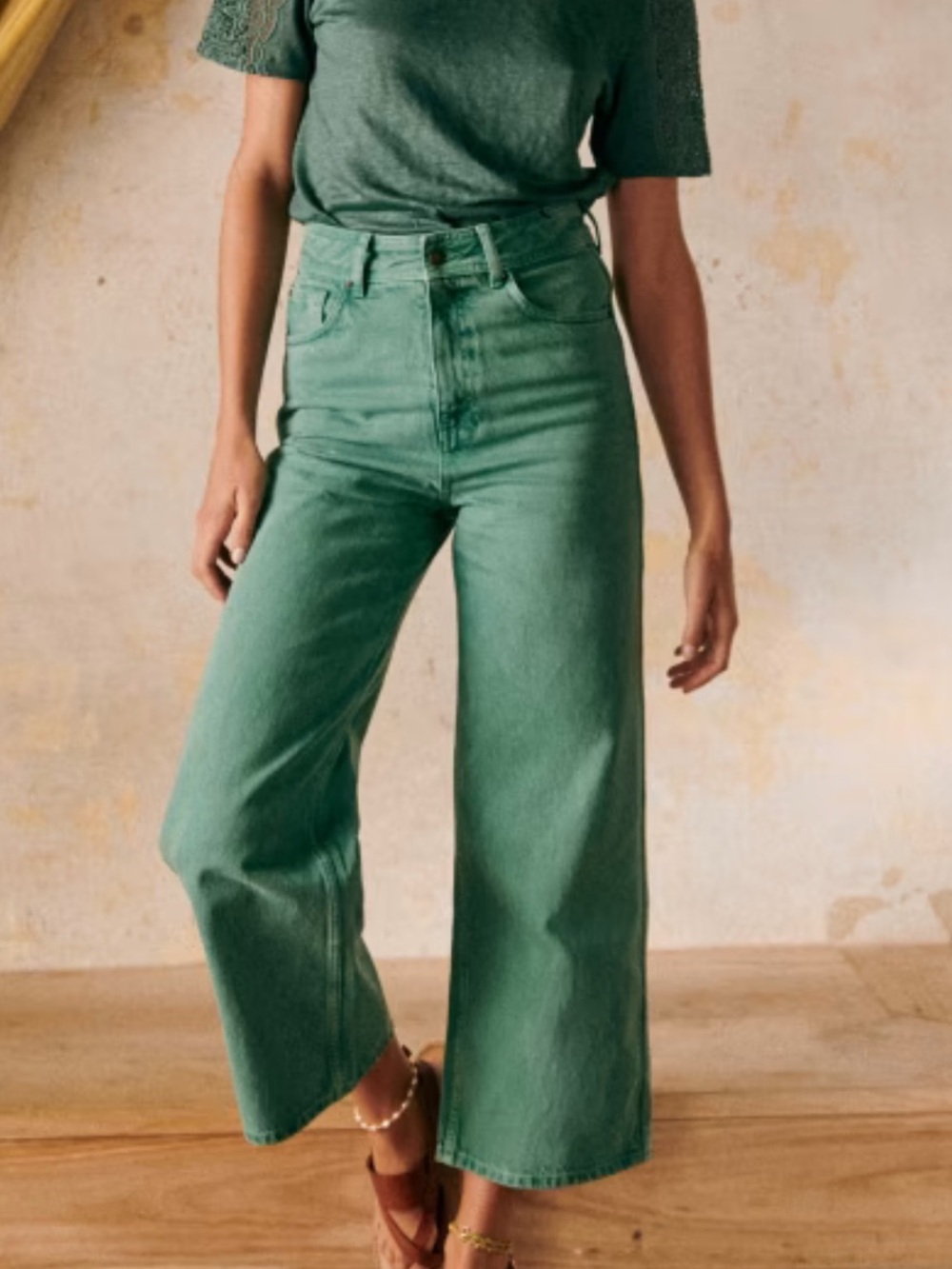 Sezane Green Cropped Wide-Leg Jeans